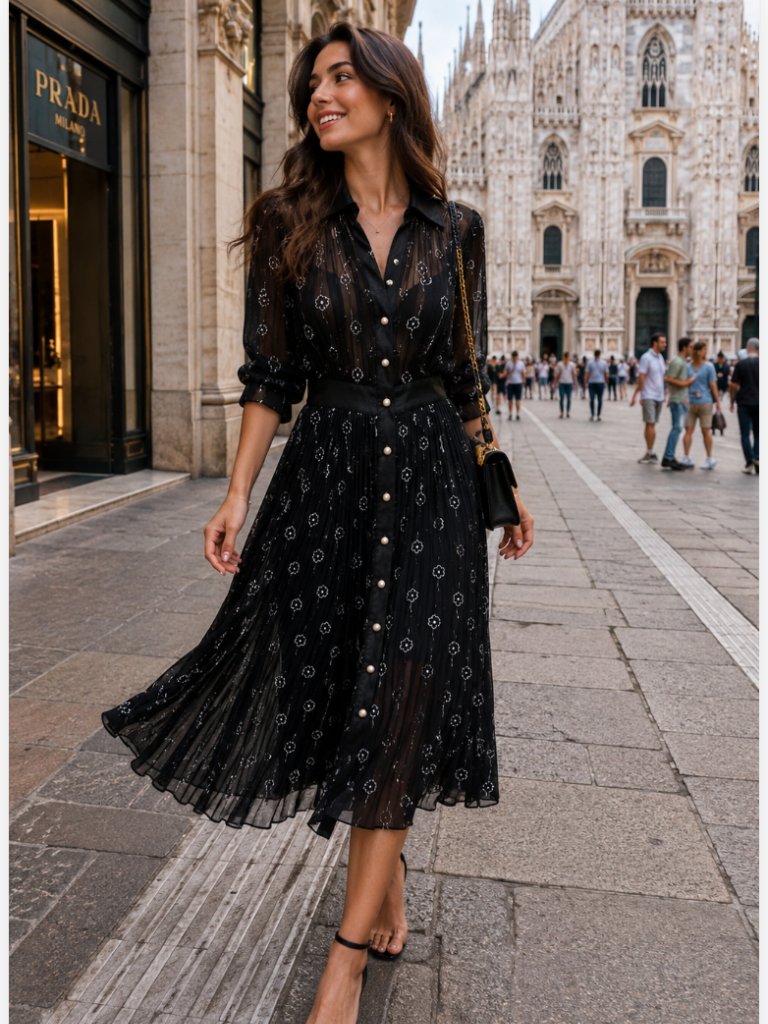Pinko Black Sheer Pleated Floral Embroidered Midi Dress Italian Designer Eu38